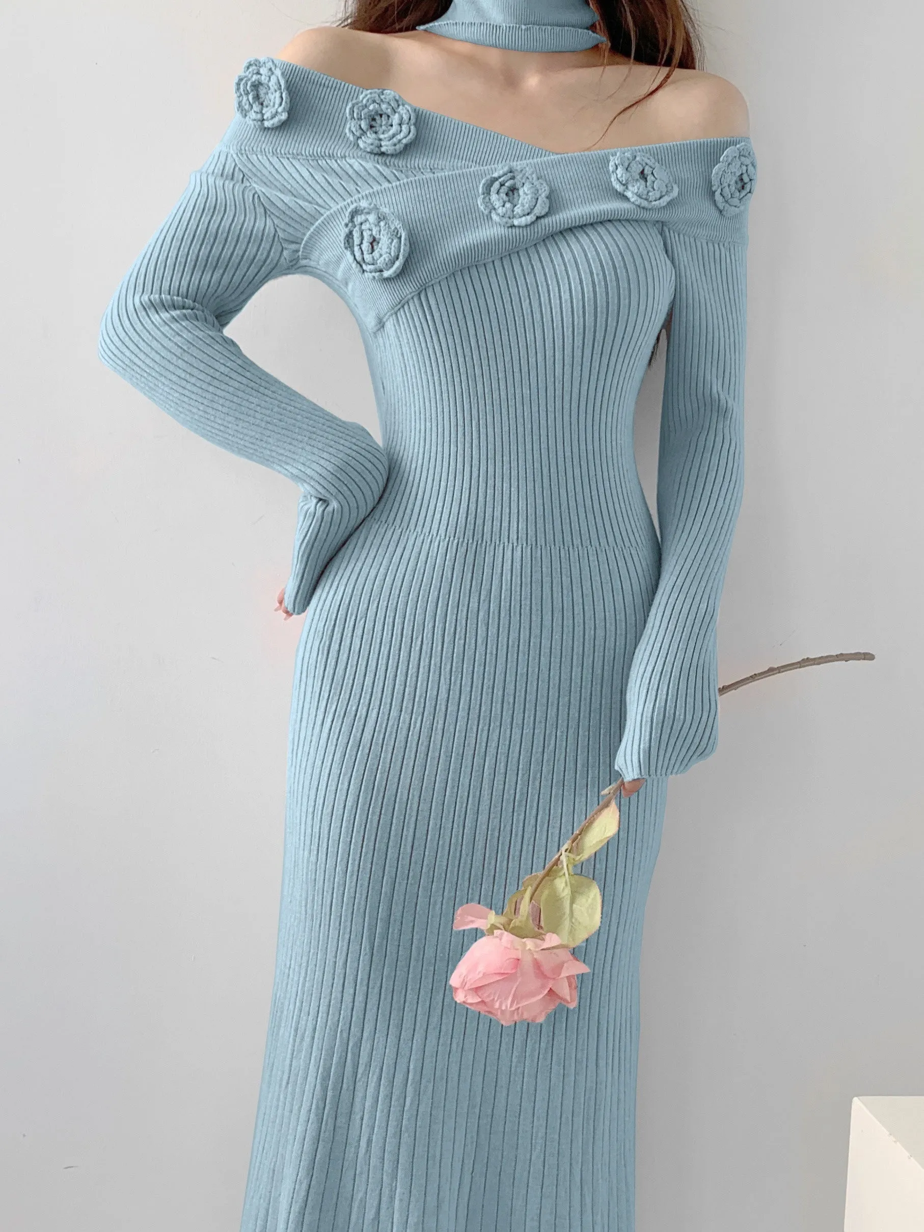 - Ribbed Floral Decor Dress, Elegant Long Sleeve Bodycon Midi Dress, Women's Clothing