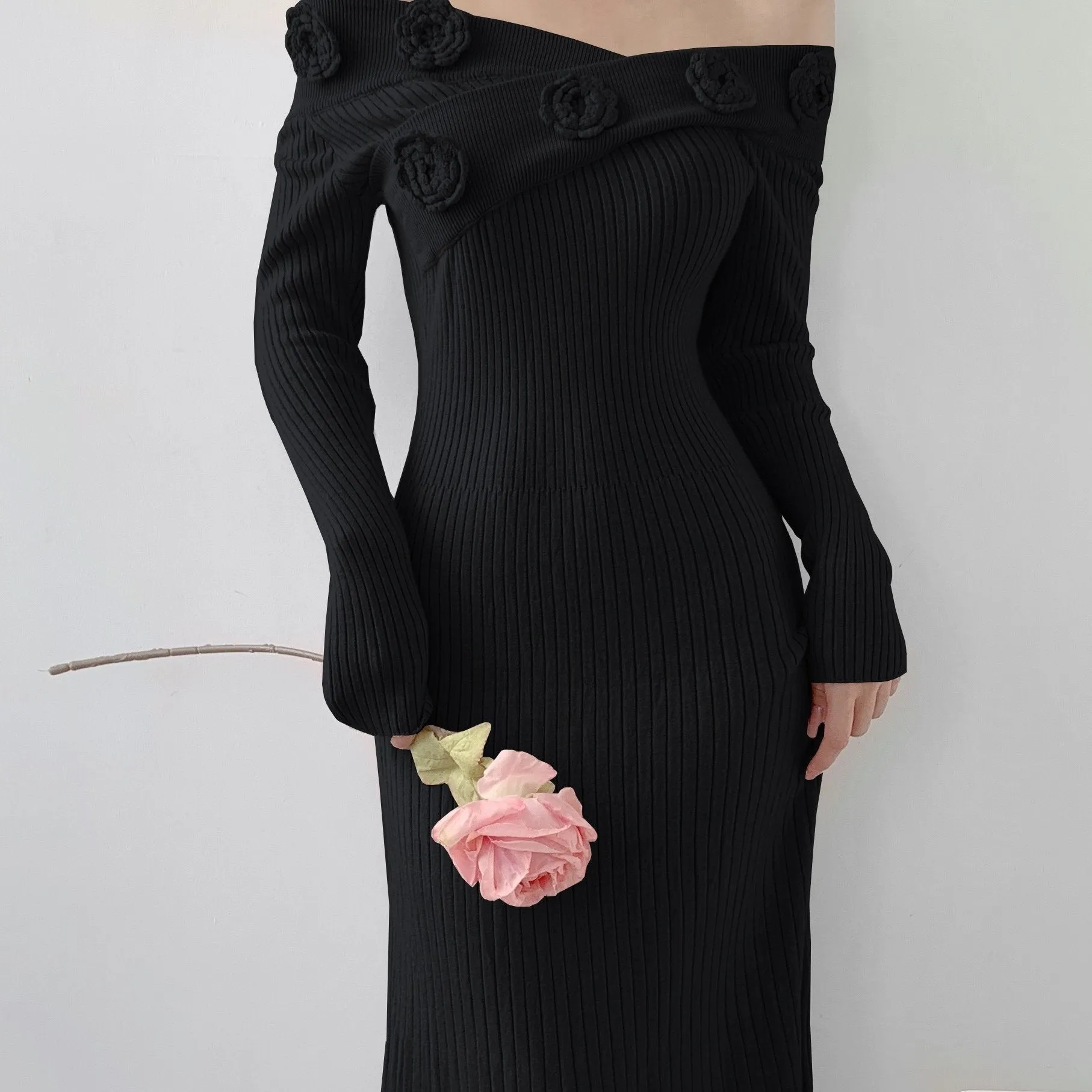 - Ribbed Floral Decor Dress, Elegant Long Sleeve Bodycon Midi Dress, Women's Clothing
