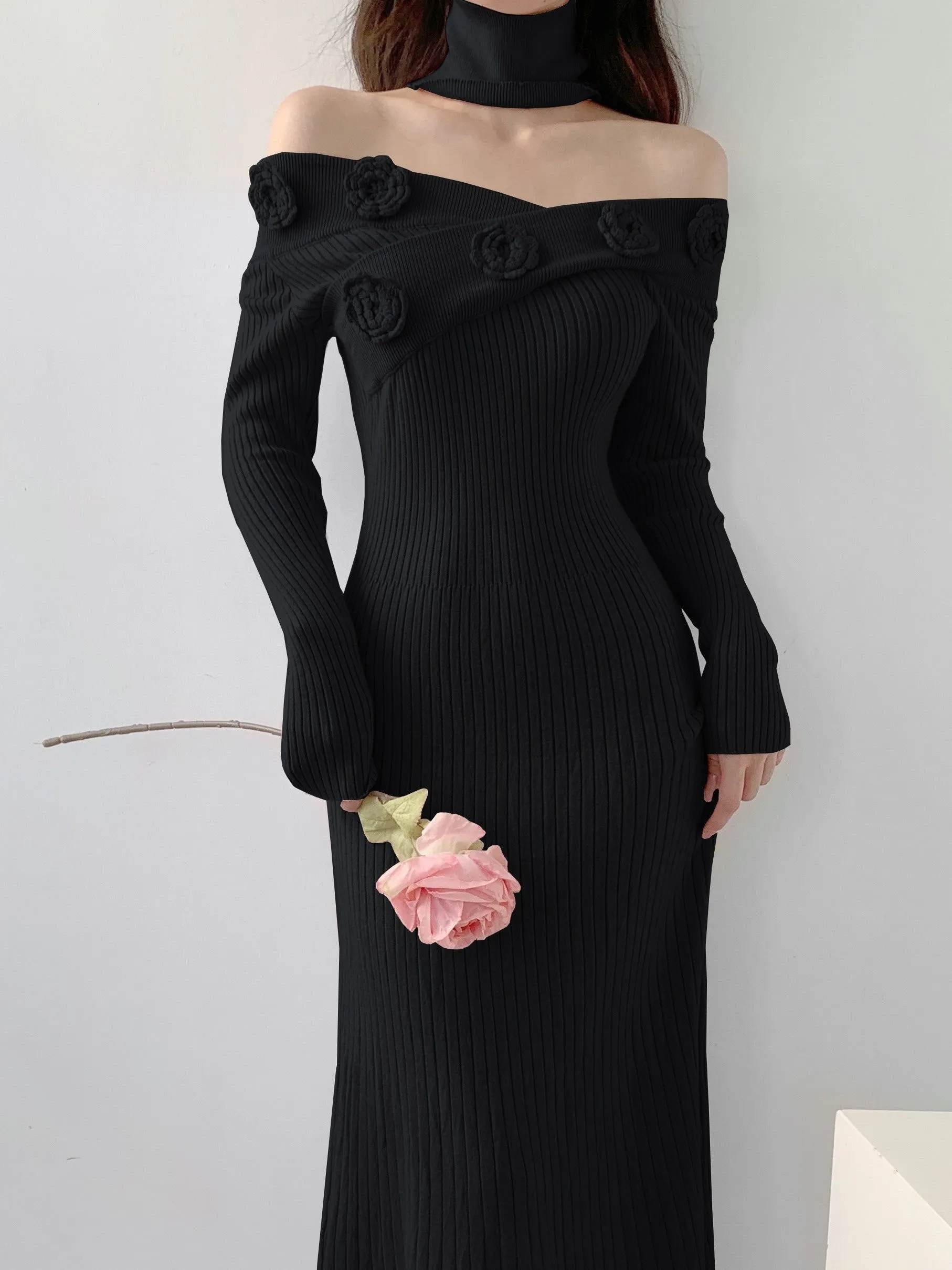 - Ribbed Floral Decor Dress, Elegant Long Sleeve Bodycon Midi Dress, Women's Clothing