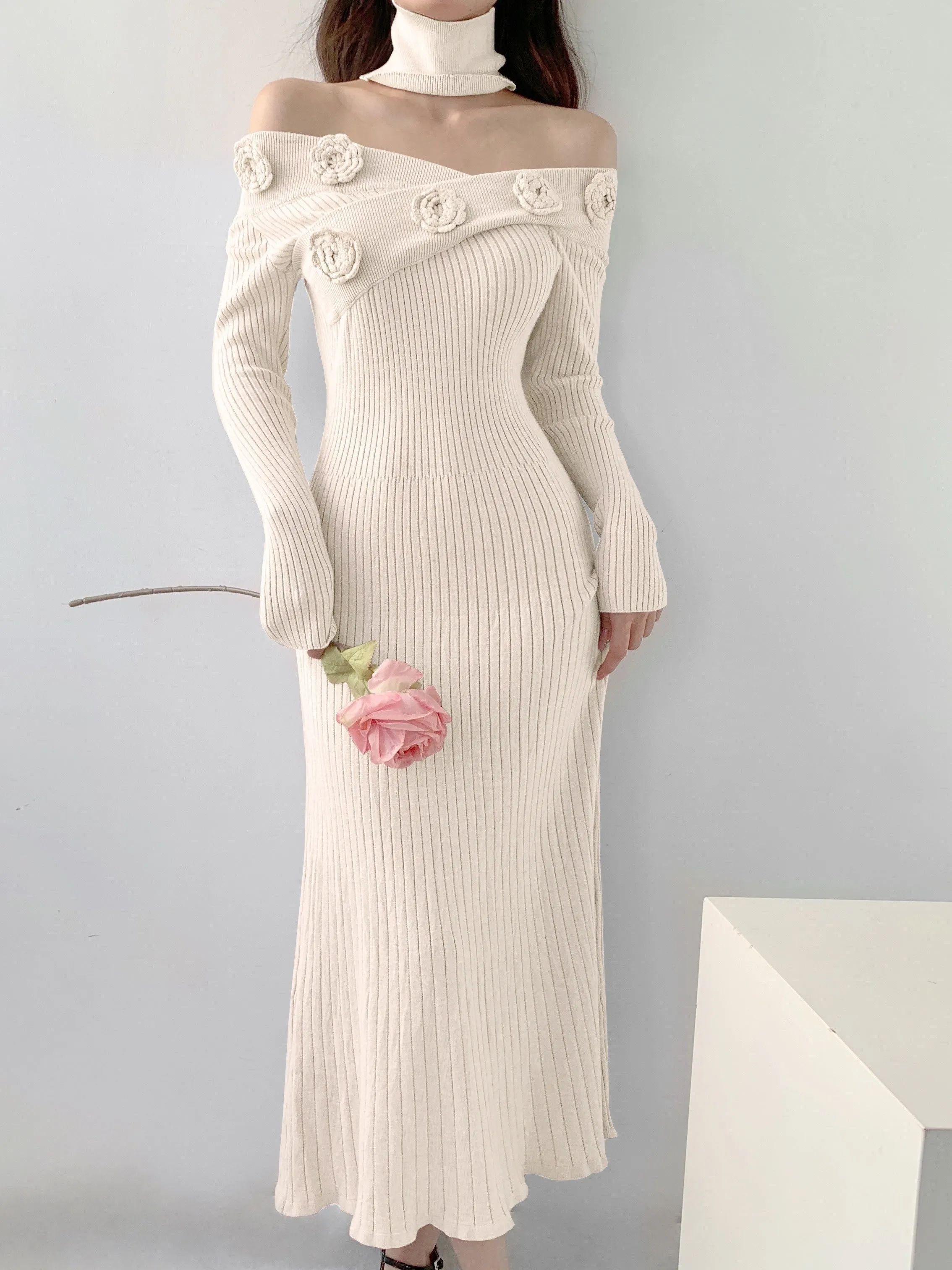 - Ribbed Floral Decor Dress, Elegant Long Sleeve Bodycon Midi Dress, Women's Clothing