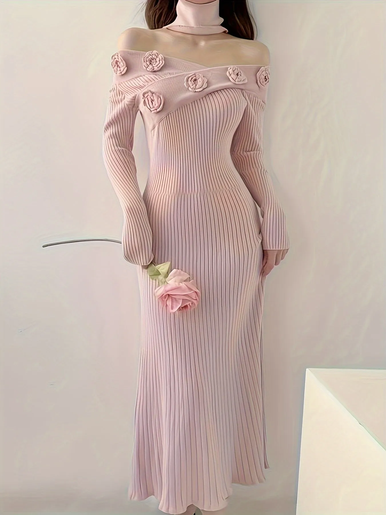 - Ribbed Floral Decor Dress, Elegant Long Sleeve Bodycon Midi Dress, Women's Clothing