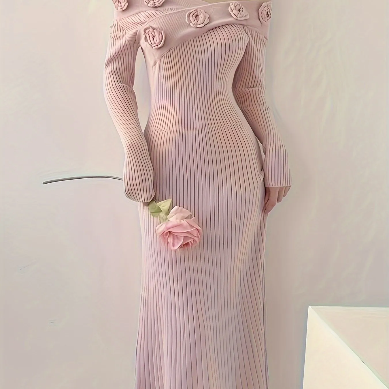 - Ribbed Floral Decor Dress, Elegant Long Sleeve Bodycon Midi Dress, Women's Clothing