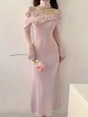 - Ribbed Floral Decor Dress, Elegant Long Sleeve Bodycon Midi Dress, Women's Clothing