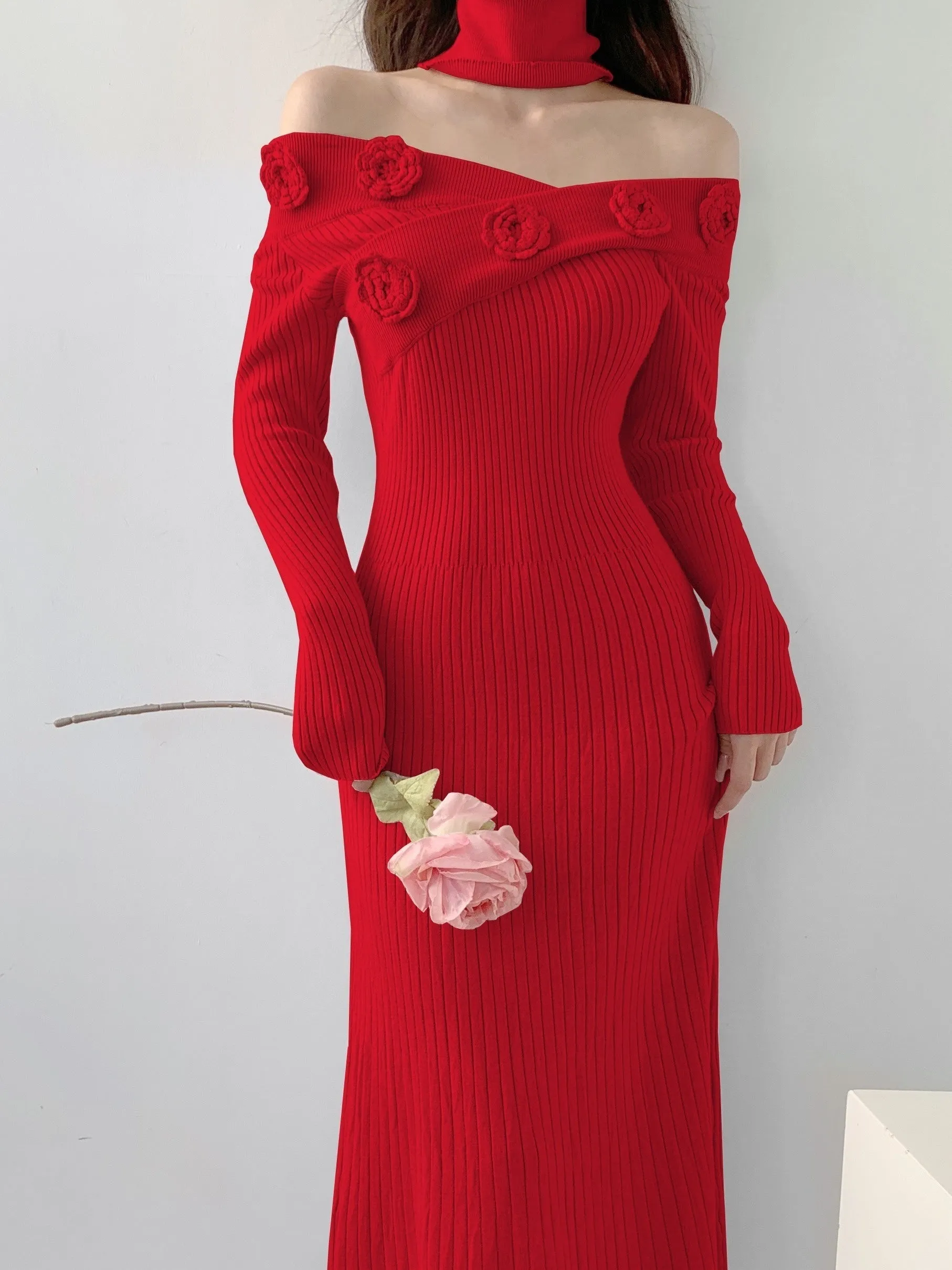 - Ribbed Floral Decor Dress, Elegant Long Sleeve Bodycon Midi Dress, Women's Clothing