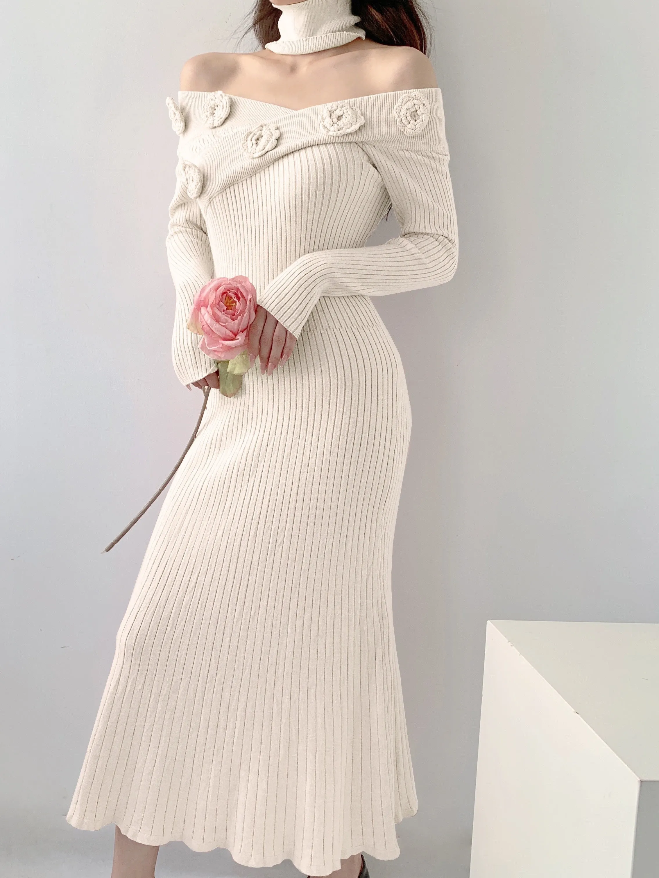 - Ribbed Floral Decor Dress, Elegant Long Sleeve Bodycon Midi Dress, Women's Clothing