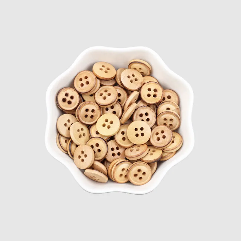 11.5mm Round 4 Hole Poplar Wood Buttons with Fire-Burned Edges 60pcs
