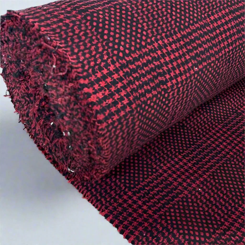 12m Wool Blend Tartan Check Coating Fabric Prince Of Wales 60" Red/Black