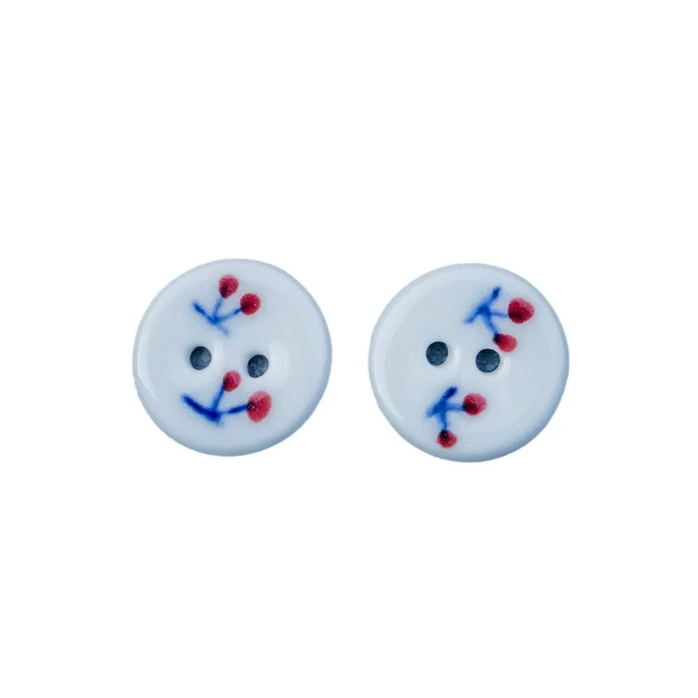 18mm Handmade Round 2-Hole Ceramic Buttons with Red Cherry Pattern 6PCS