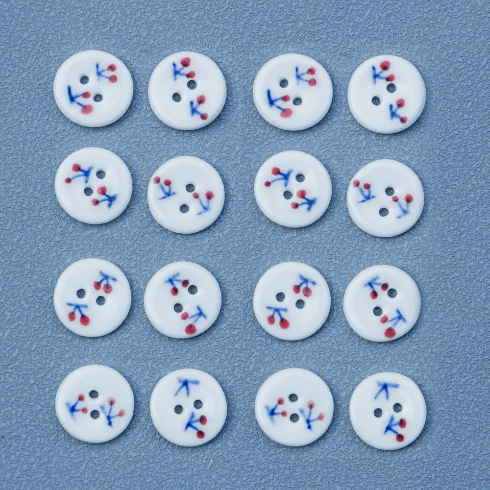 18mm Handmade Round 2-Hole Ceramic Buttons with Red Cherry Pattern 6PCS