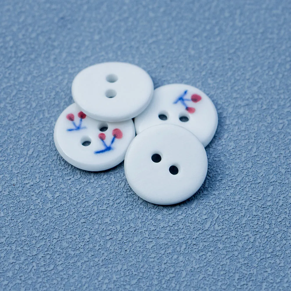 18mm Handmade Round 2-Hole Ceramic Buttons with Red Cherry Pattern 6PCS