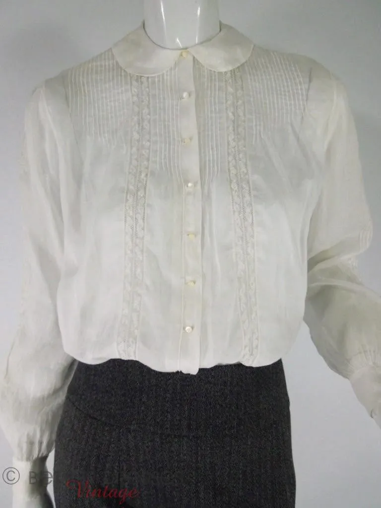 40s White Long Sleeve Pintuck Blouse
