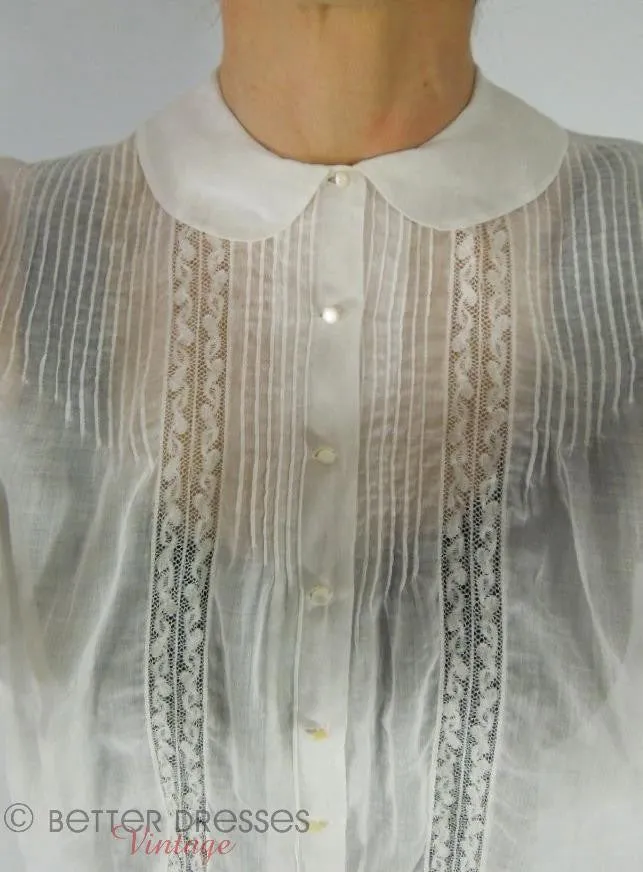 40s White Long Sleeve Pintuck Blouse