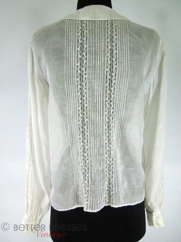 40s White Long Sleeve Pintuck Blouse