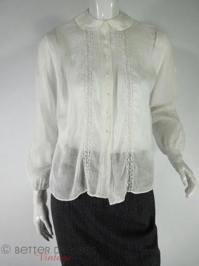 40s White Long Sleeve Pintuck Blouse