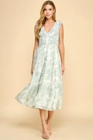 Abstract Print Smocked Bodice Flare Hem Midi Dress