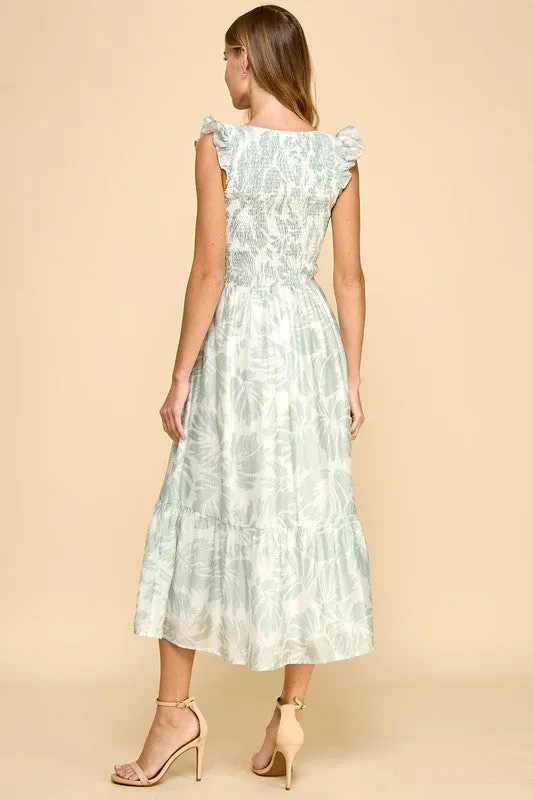 Abstract Print Smocked Bodice Flare Hem Midi Dress