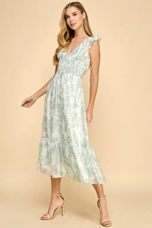 Abstract Print Smocked Bodice Flare Hem Midi Dress