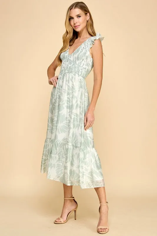 Abstract Print Smocked Bodice Flare Hem Midi Dress