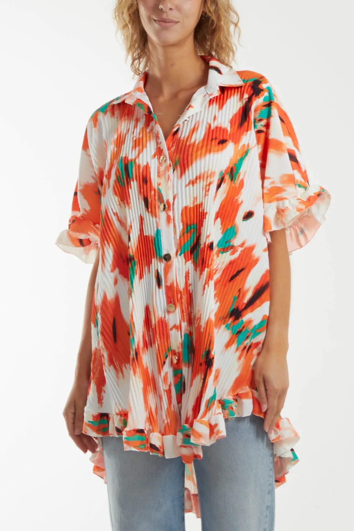 Abstract Tie Dye Frill Hem Plisse Shirt