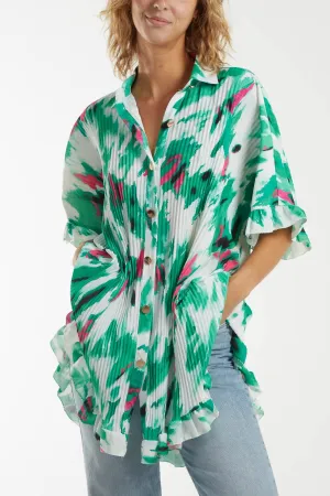 Abstract Tie Dye Frill Hem Plisse Shirt