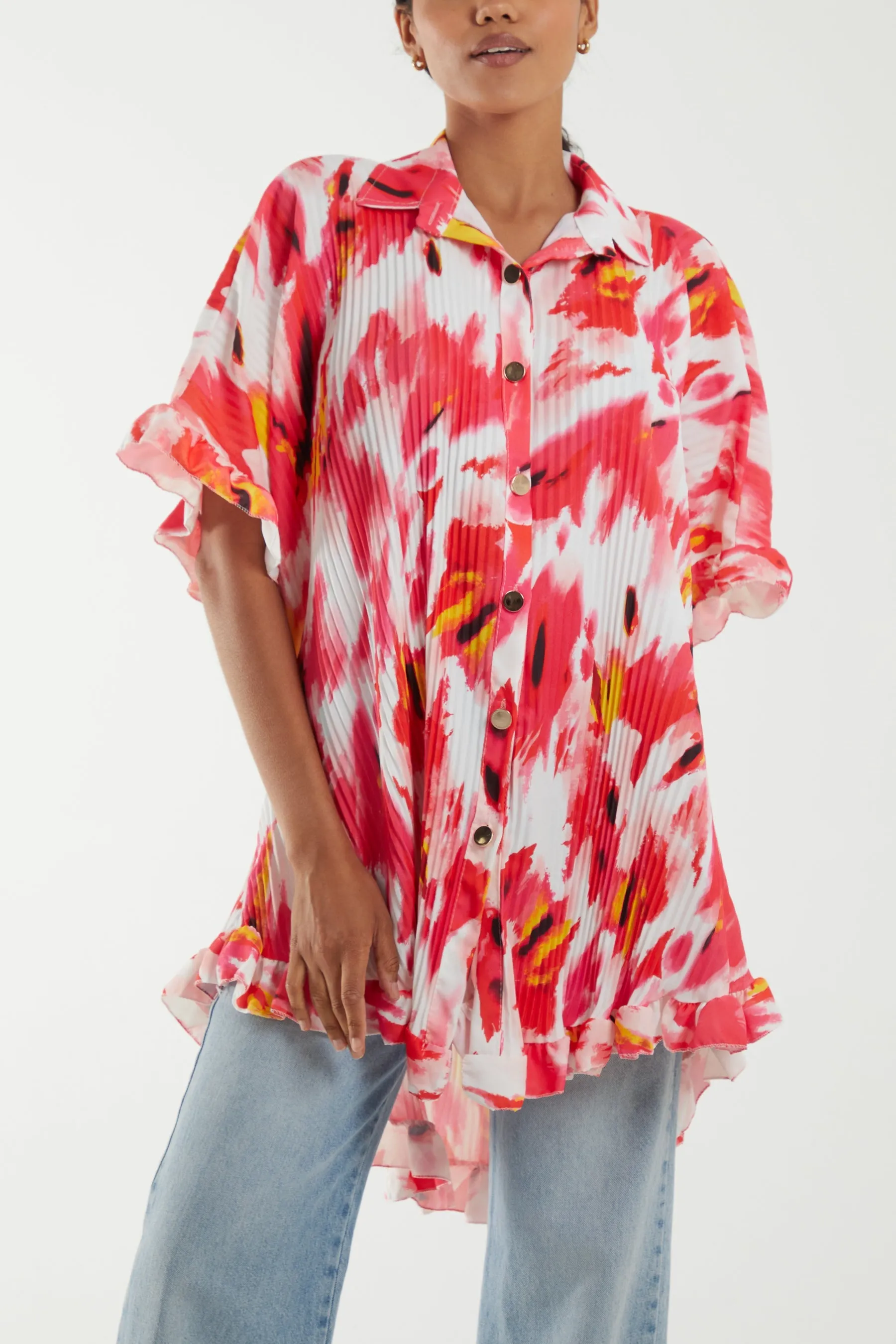 Abstract Tie Dye Frill Hem Plisse Shirt