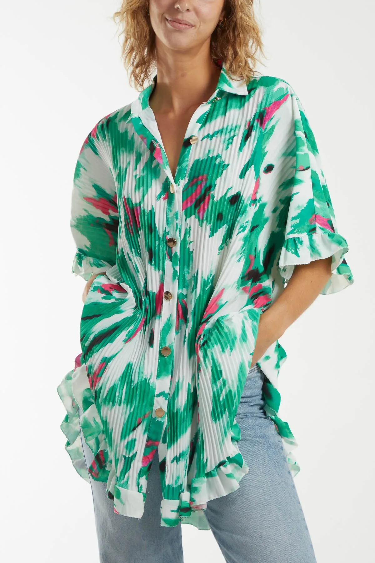 Abstract Tie Dye Frill Hem Plisse Shirt