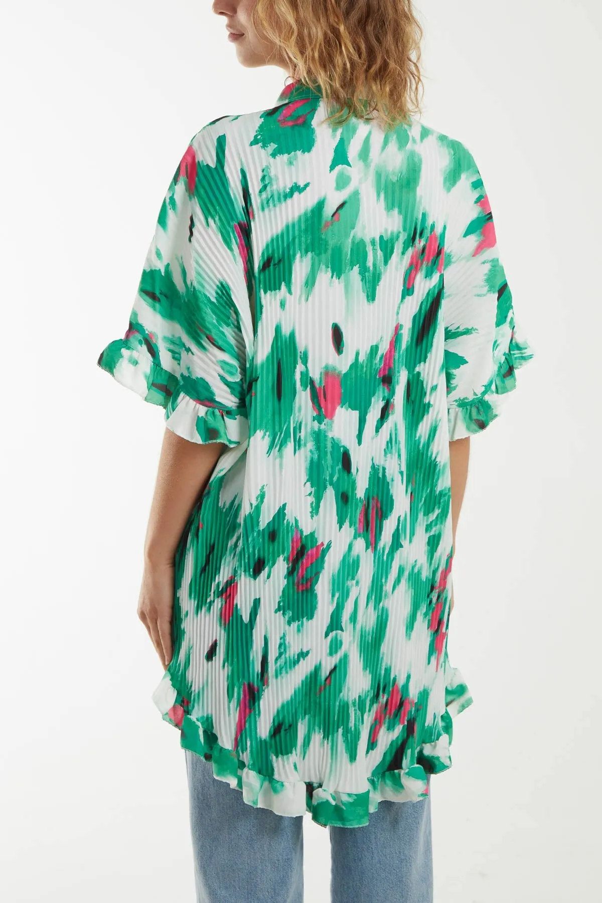 Abstract Tie Dye Frill Hem Plisse Shirt