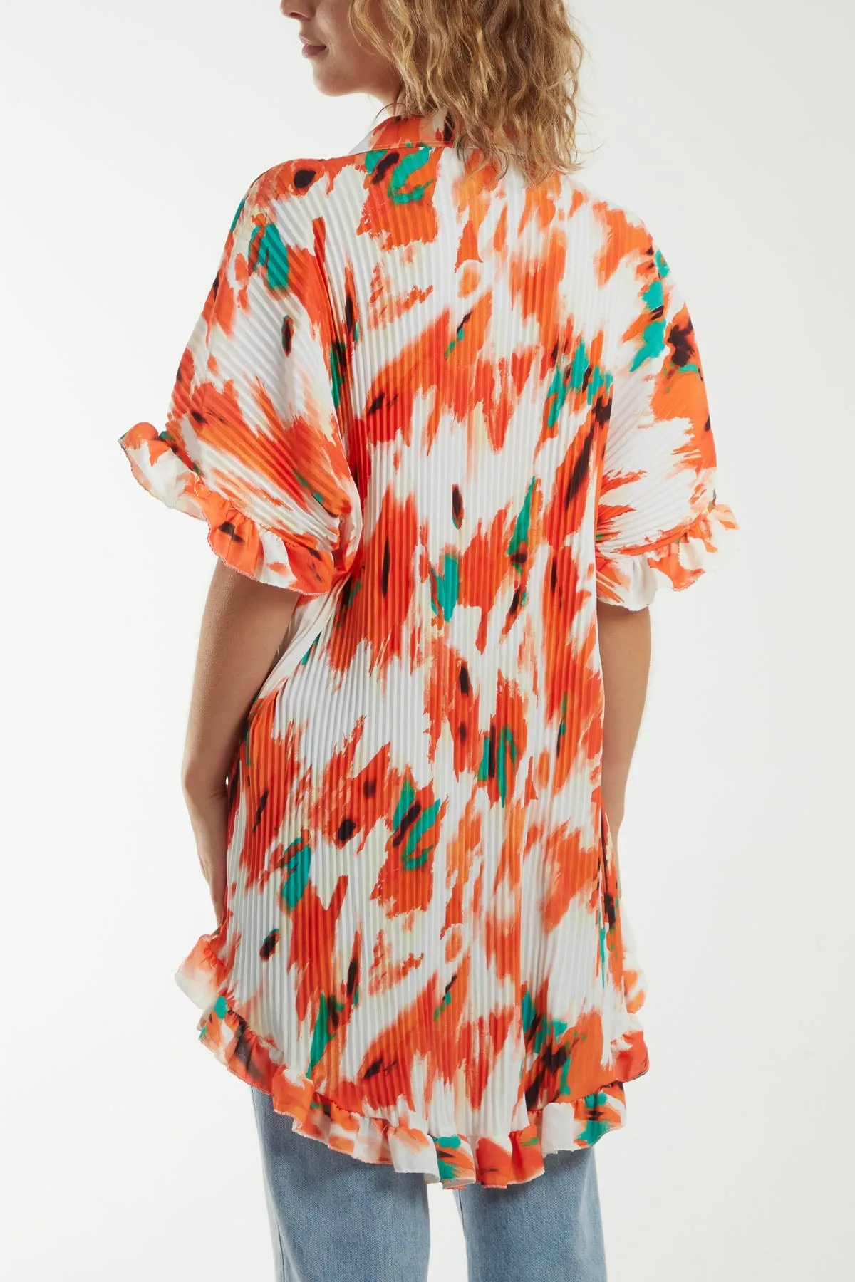 Abstract Tie Dye Frill Hem Plisse Shirt
