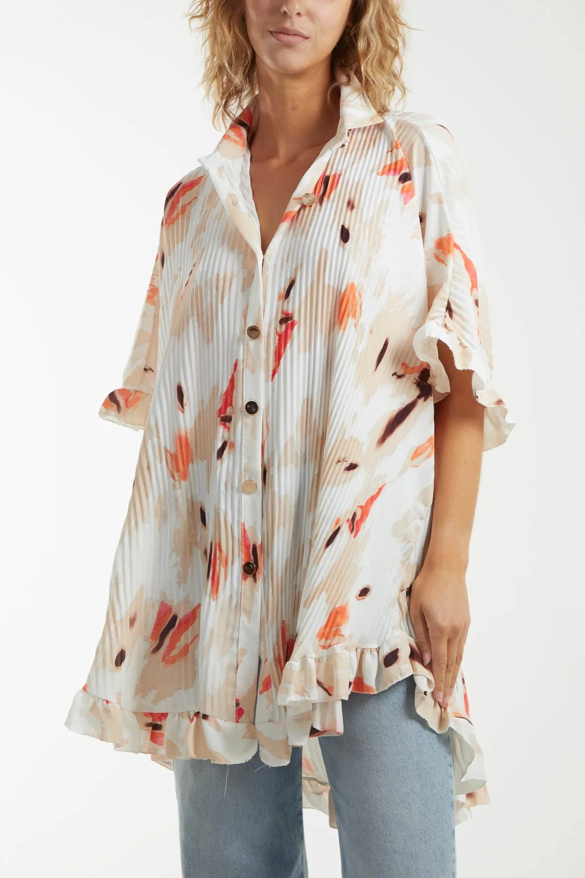Abstract Tie Dye Frill Hem Plisse Shirt
