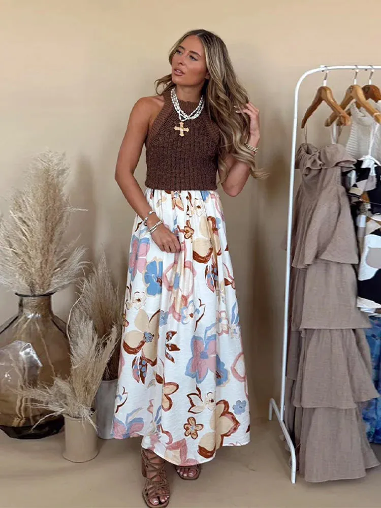 ADVBRIDGE  -  Off Shoulder Printed Top Half Skirt Women 2PCS Set Lantern Sleeve Pleated Crop Fluffy Blouse Pullover High Waisted Long Skirts