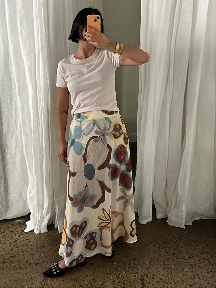 ADVBRIDGE  -  Off Shoulder Printed Top Half Skirt Women 2PCS Set Lantern Sleeve Pleated Crop Fluffy Blouse Pullover High Waisted Long Skirts
