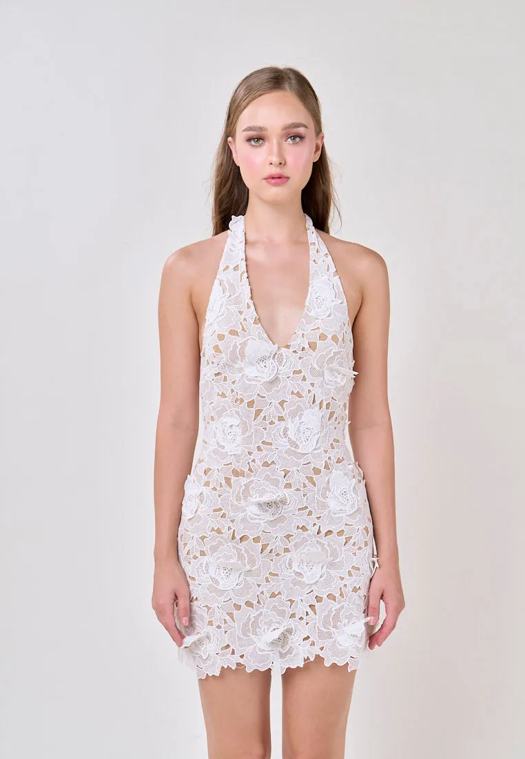 Aitana Beige Halter Flower Lace Mini Dress