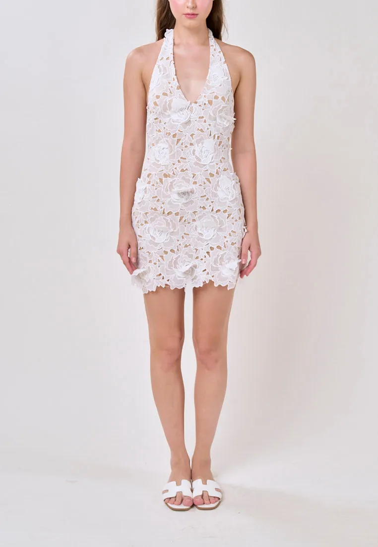 Aitana Beige Halter Flower Lace Mini Dress