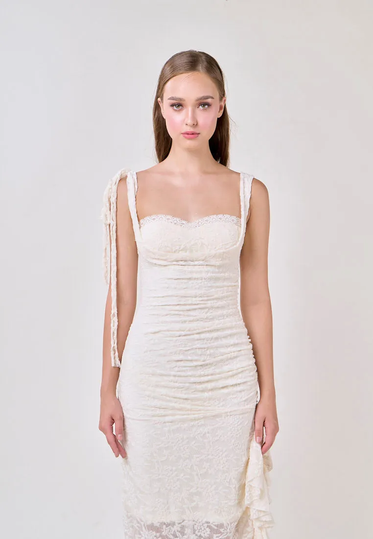 Angela Cream Sleeveless Sheer Lace Ruffled Slit Midi Dress