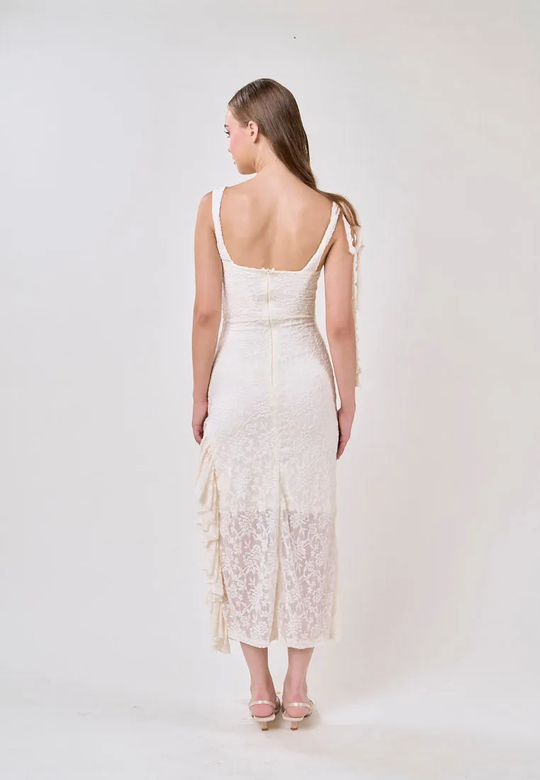 Angela Cream Sleeveless Sheer Lace Ruffled Slit Midi Dress