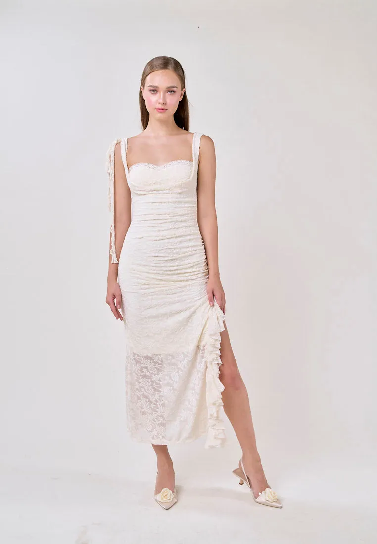 Angela Cream Sleeveless Sheer Lace Ruffled Slit Midi Dress