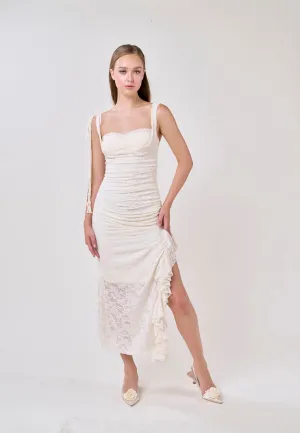 Angela Cream Sleeveless Sheer Lace Ruffled Slit Midi Dress