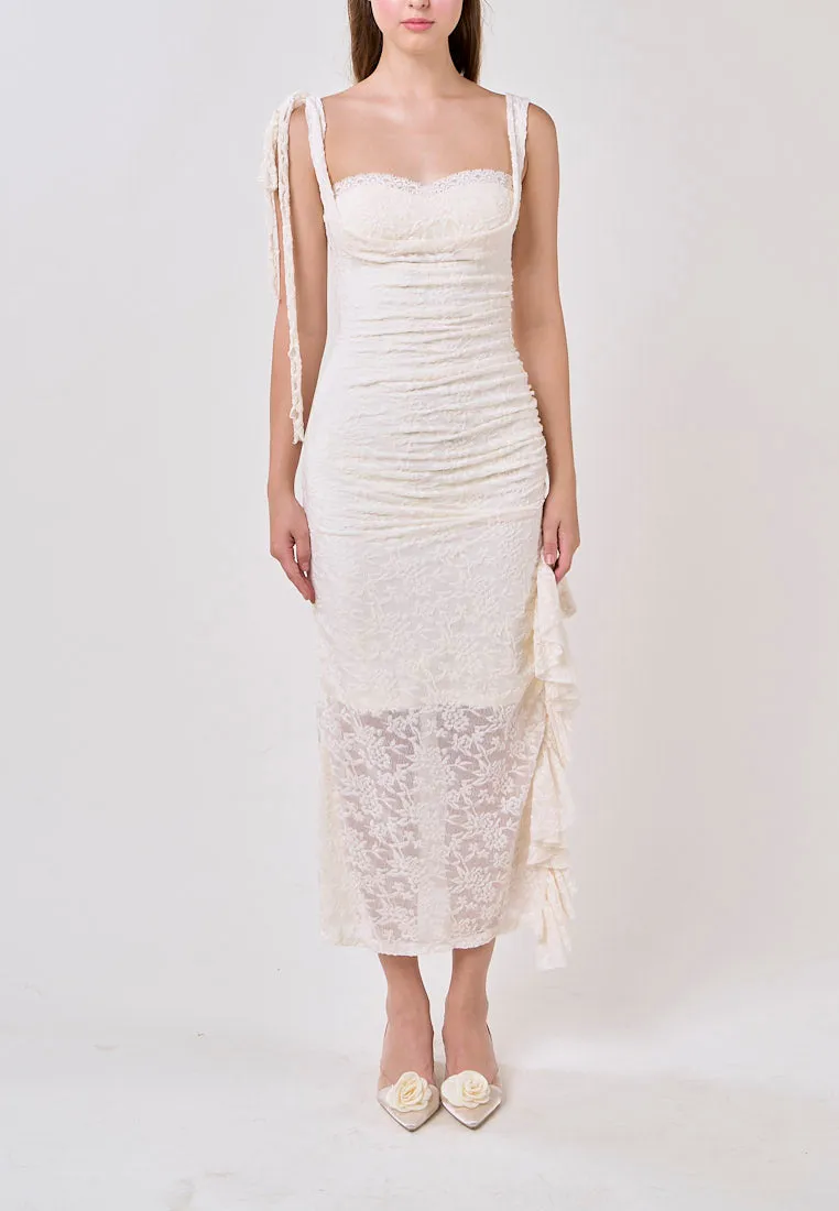 Angela Cream Sleeveless Sheer Lace Ruffled Slit Midi Dress