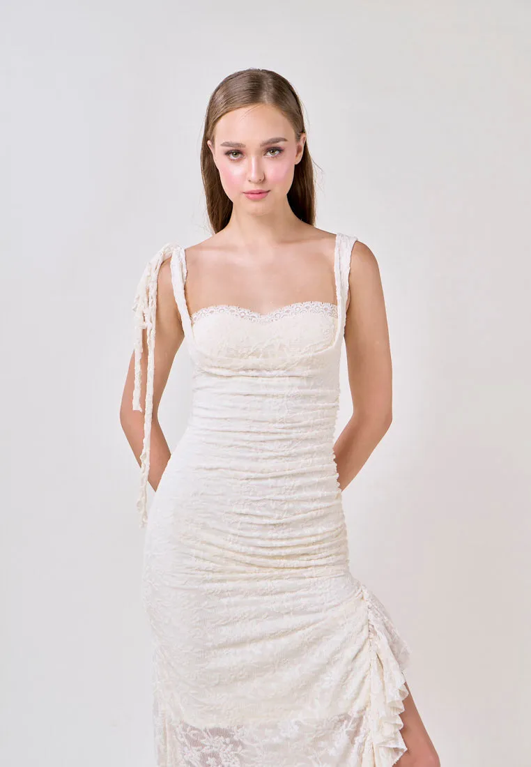 Angela Cream Sleeveless Sheer Lace Ruffled Slit Midi Dress