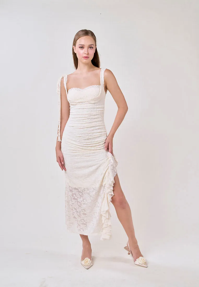 Angela Cream Sleeveless Sheer Lace Ruffled Slit Midi Dress