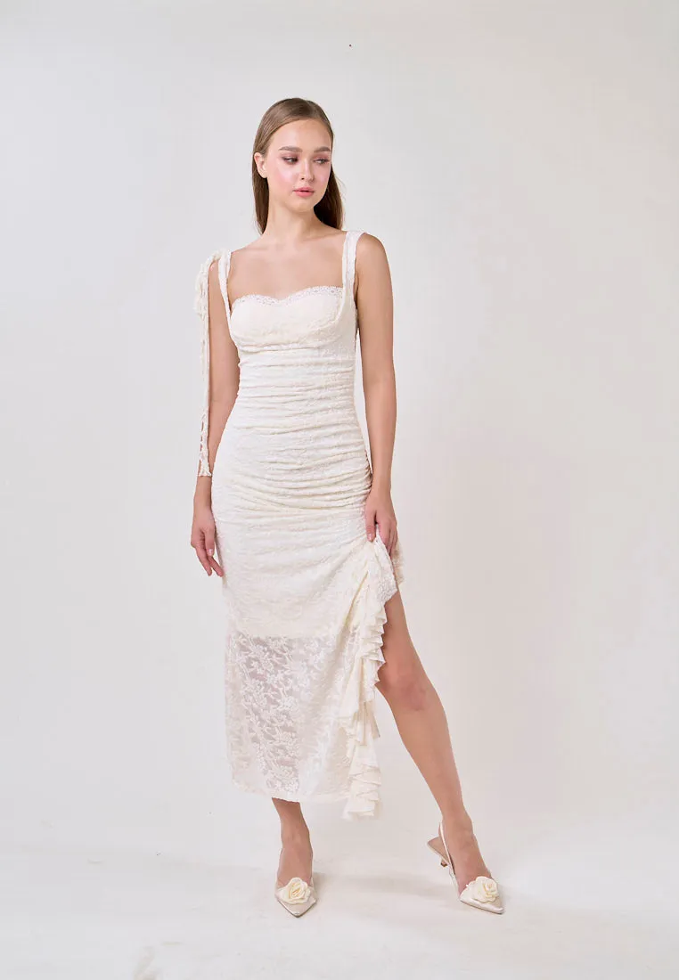 Angela Cream Sleeveless Sheer Lace Ruffled Slit Midi Dress