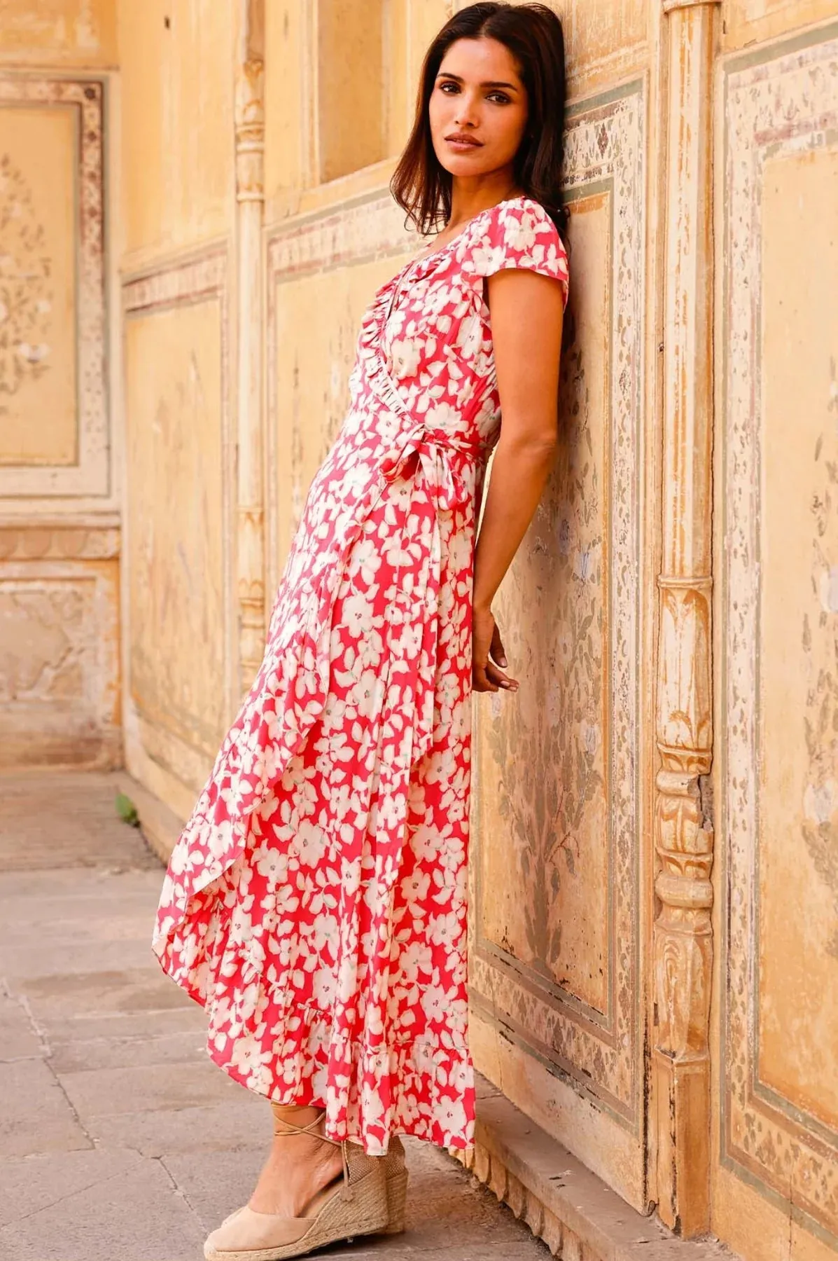 Aspiga Demi Pink/White Wrap Style Floral Midi Dress