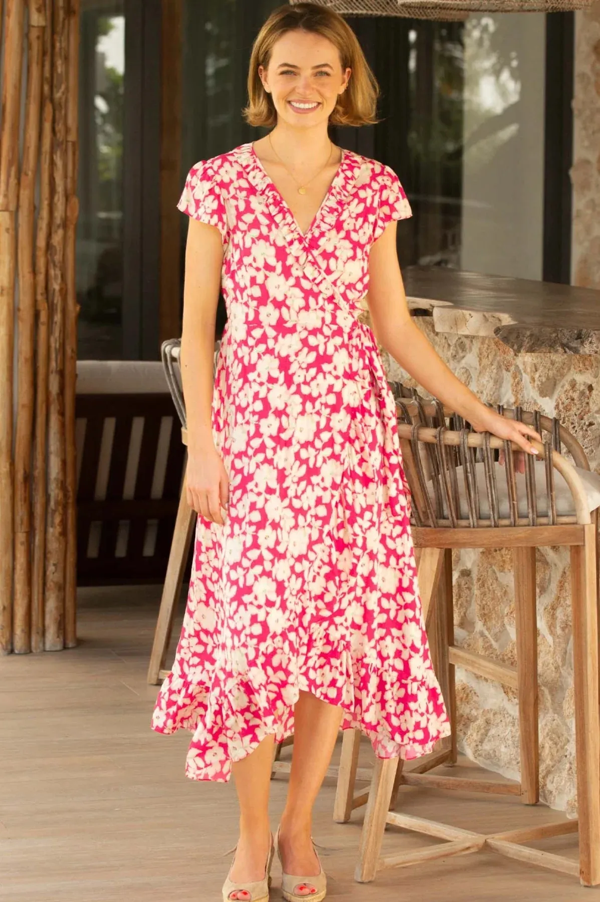 Aspiga Demi Pink/White Wrap Style Floral Midi Dress