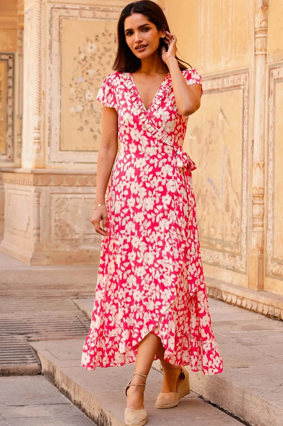 Aspiga Demi Pink/White Wrap Style Floral Midi Dress