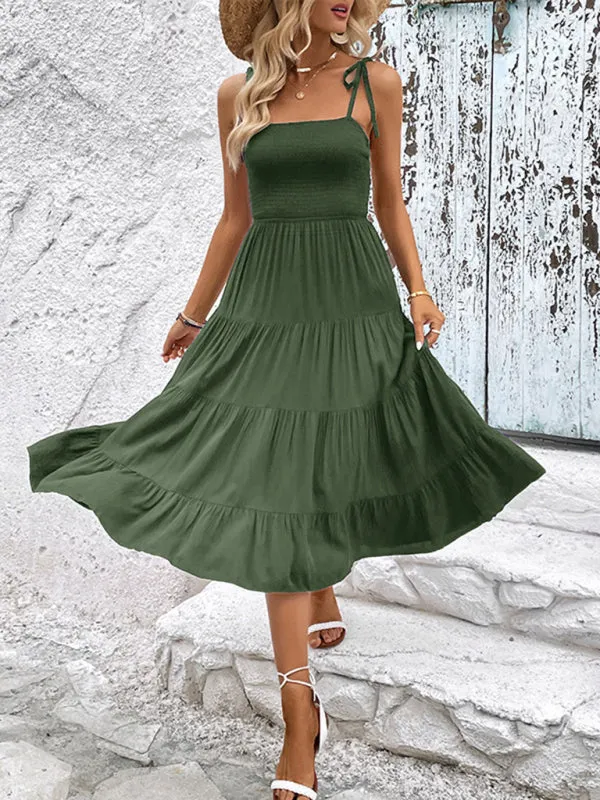 Backless Midi Dress with Smocked Bodice and Adjustable Straps