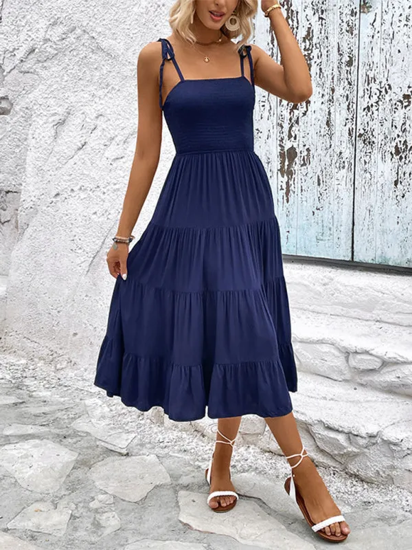 Backless Midi Dress with Smocked Bodice and Adjustable Straps