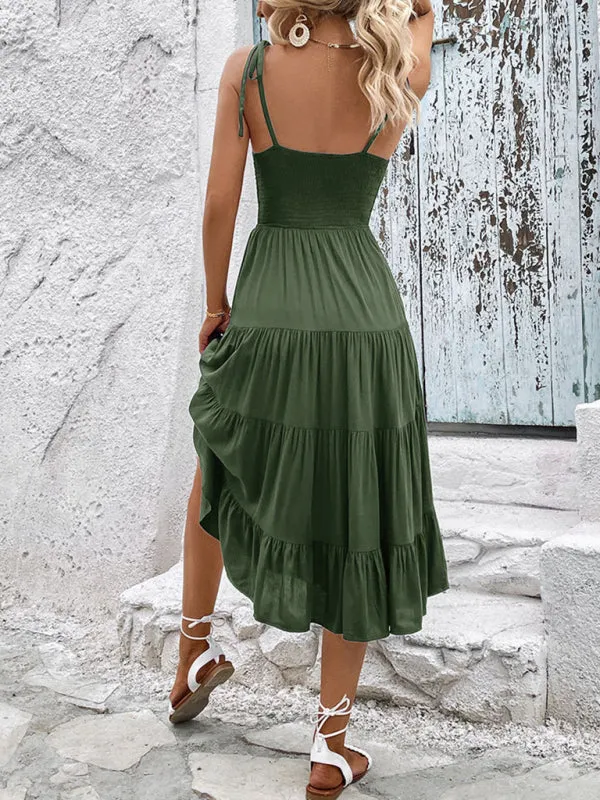 Backless Midi Dress with Smocked Bodice and Adjustable Straps