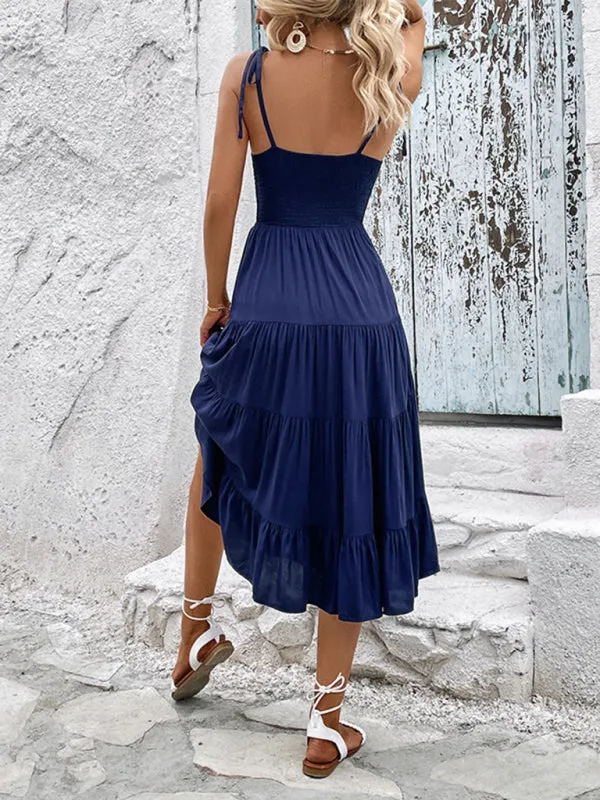 Backless Midi Dress with Smocked Bodice and Adjustable Straps