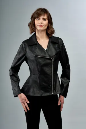 BCJ6587 Faux Vegan Leather Zip Up Jacket with Peplum