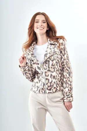 BCJ7687MPRA Metallic Faux Vegan Leather Moto Jacket in Liquid White Leopard